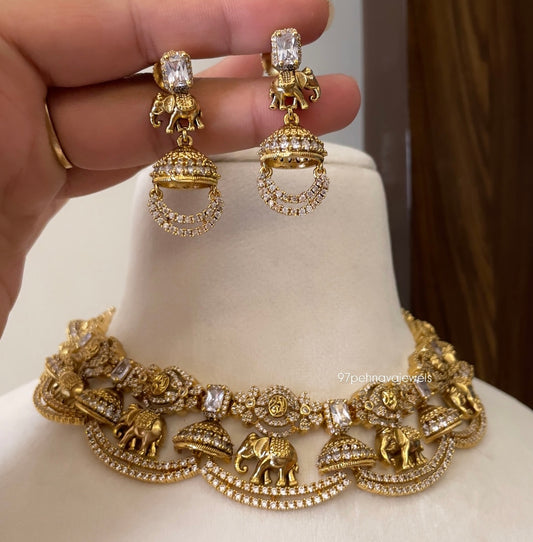 Madhvi Elephant Carved Necklace Set